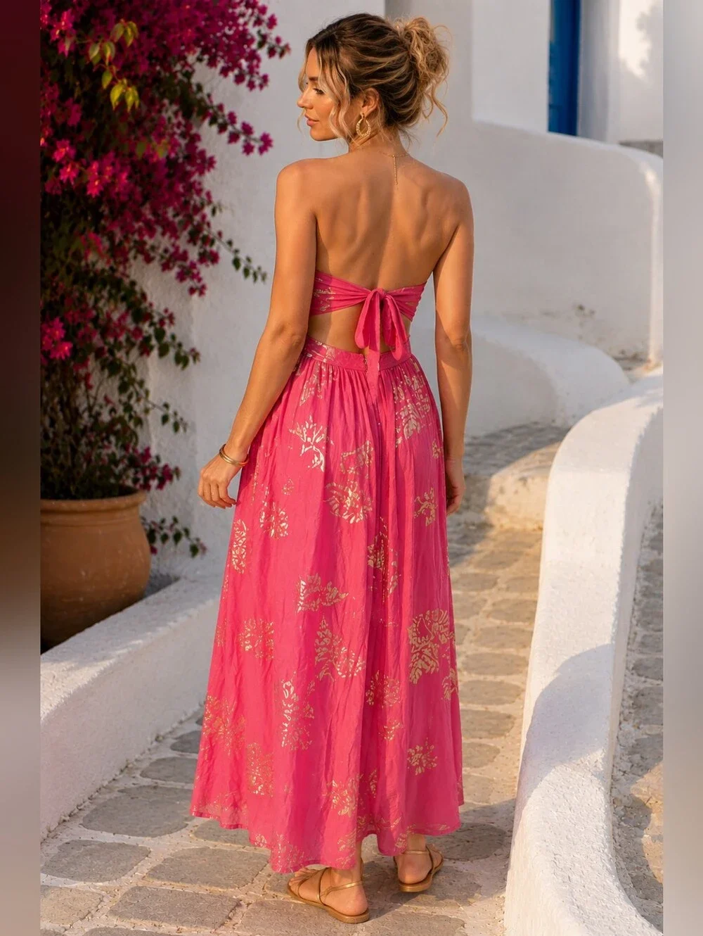 NWT Free People Strapless Metallic Floral Maxi Dress XS Open Back Tie Resort